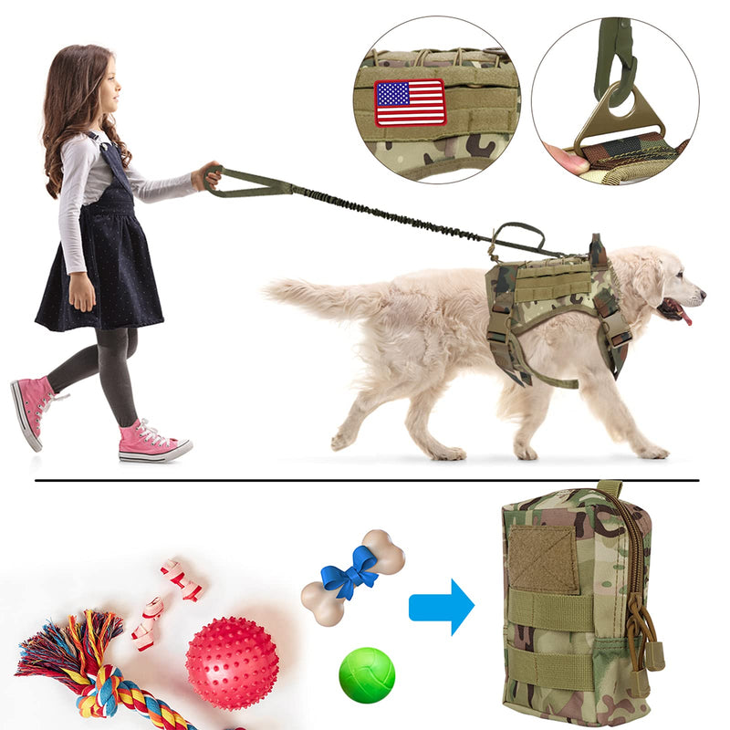 Pruk Tactical Dog Harness Set, K9 Dog Harness Military Dog Vest Collar Leash with Molle Pouch and Patch, No Pull Tactical Dog Vest for Large Dog, Service Dog Harness for Training Hiking(Camo, M) Camo M(Neck: 19"-29", Bust: 19"-27") - PawsPlanet Australia