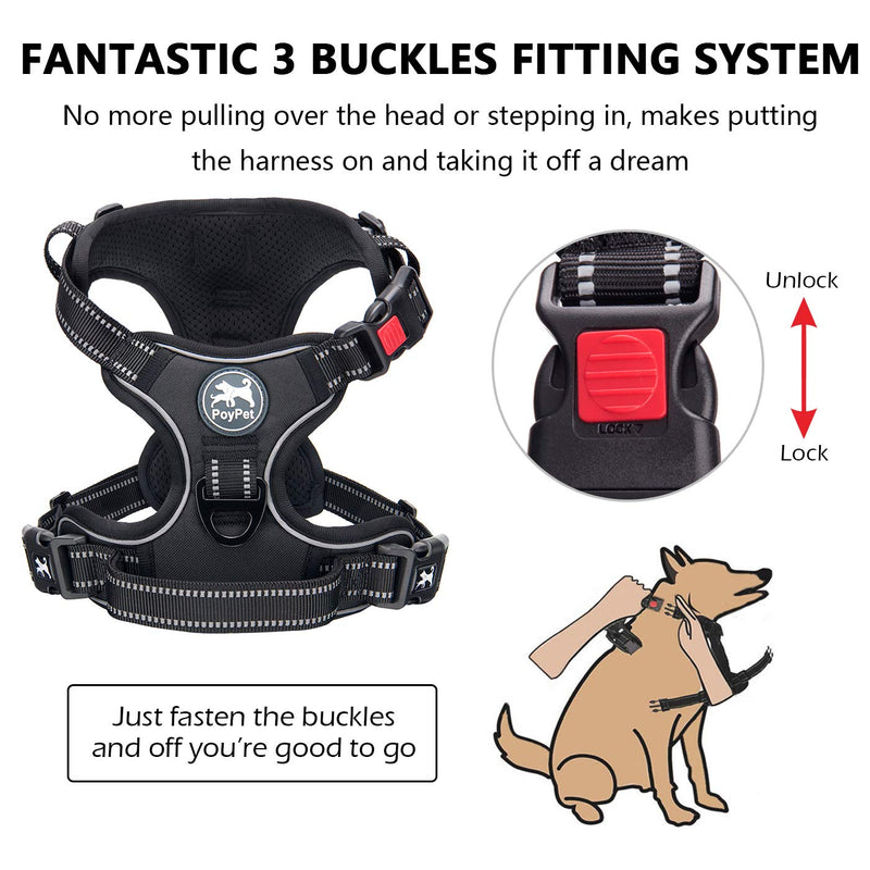 PoyPet No Pull Dog Harness, No Choke Front Lead Dog Reflective Harness, Adjustable Soft Padded Pet Vest with Easy Control Handle for Small to Large Dogs XS Black - PawsPlanet Australia
