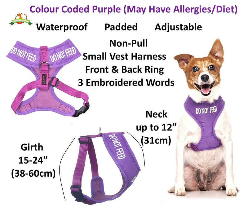 DO NOT FEED (Dog is on a Diet/Has Food Allergies) Purple Colour Coded Non-Pull Optional Padded and Waterproof Vest Dog Harness PREVENTS Accidents By Warning Others Of Your Dog In Advance (S) Small Harness - PawsPlanet Australia