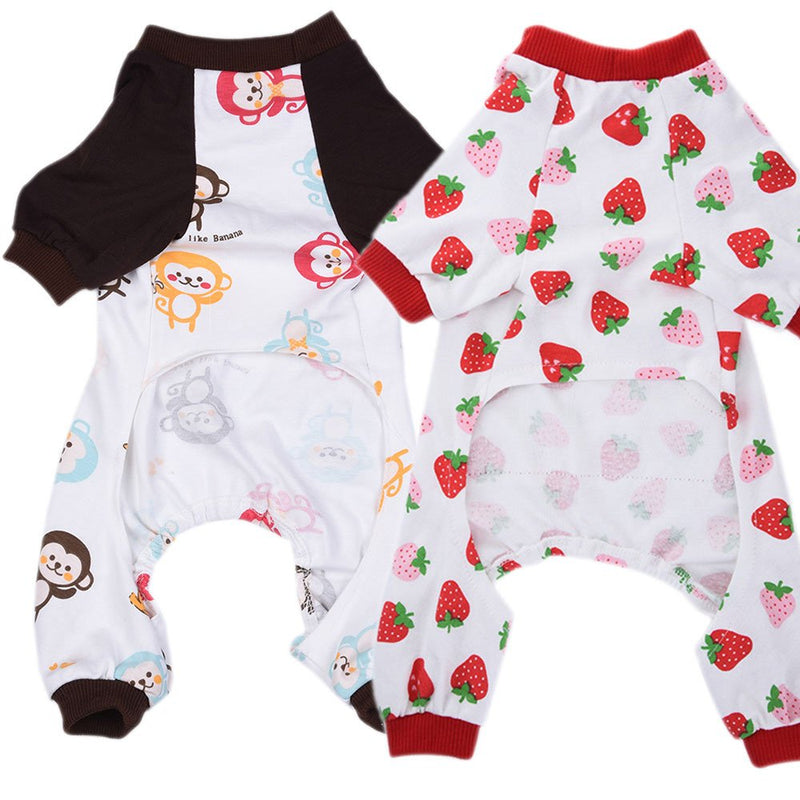 Amakunft 2-pack Dog Clothes Dogs Cats Onesie Soft Dog Pajamas Cotton Puppy Rompers Pet Jumpsuits Cozy Bodysuits for Small Dogs and Cats XS Monkey & Strawberry - PawsPlanet Australia