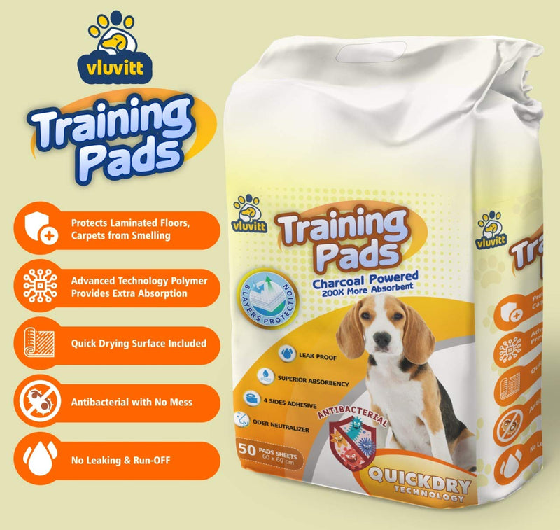 Vluvitt Premium Super Absorbent Puppy Training Pads Large 50 Pack with Quick Dry CHARCOAL Technology, Leak Proof 60 * 60cm - PawsPlanet Australia