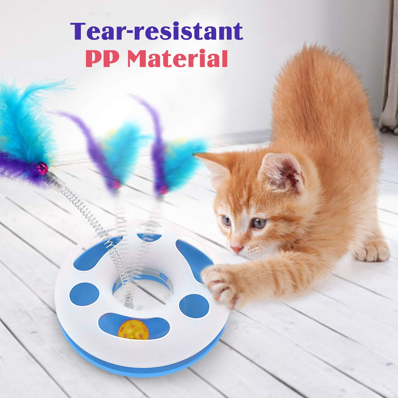 Lewondr Cat Toy Roller, Interactive Funny Toys for Cat Exercise Chaser Training Kitten Toy Cat Scratcher Play Set with a Mouse, Feather and Moving Ball Amusement Turntable Teaser Toy - Blue - PawsPlanet Australia