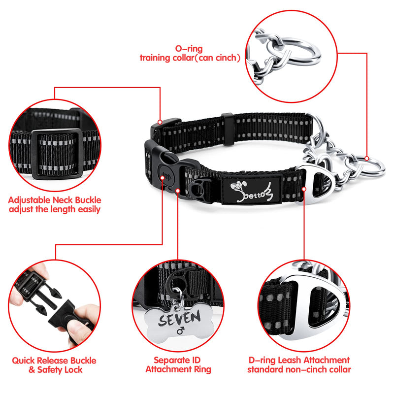 PETTOM Half Choke Dog Collar, Reflective Martingale Dog Choke Collar, Adjustable Dog Training Collar with ID Ring and Safety Buckle Small Dog Collar (S: 37.5-43 CM, Black) S: 14.7-16.9" - PawsPlanet Australia