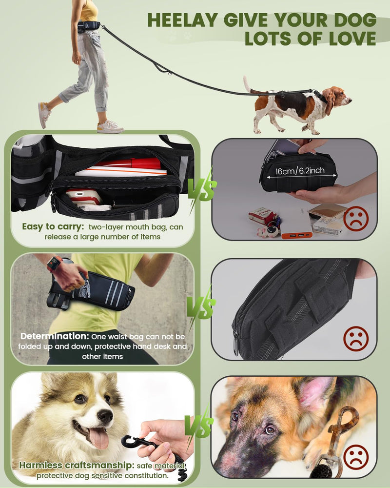 Jogging leash for dogs, Heelay belt bag for running, jogging, hiking, jogging leash and normal dog leash for large, medium-sized dogs with double handle, waist strap, dog leash with reflective stitching, black - PawsPlanet Australia