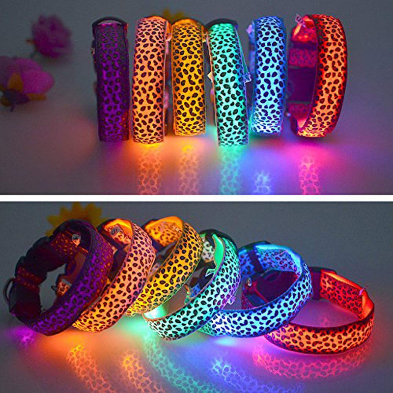 [Australia] - Pesp LED Luminous Pet Dog Collar Leopard Glowing Flash Puppy Collar for Night Safety Light-up Adjustable Necklace for Small Medium Large Dogs Purple 