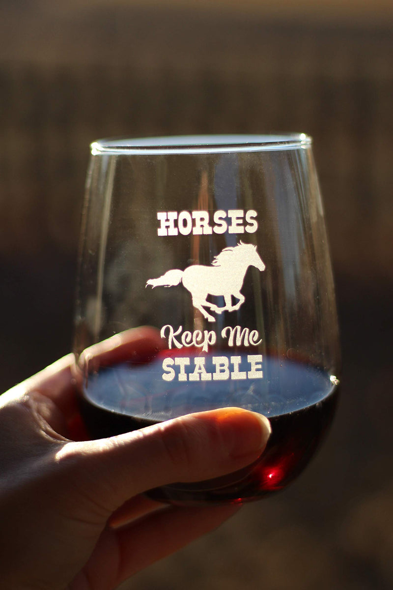 Horses Keep Me Stable – Cute Funny Stemless Wine Glass, Large 17 Ounces, Etched Sayings, Gift Box - PawsPlanet Australia