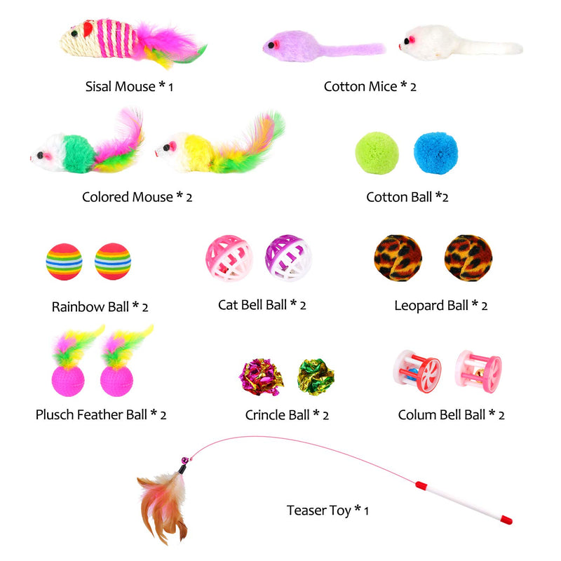 EKKONG Cat Toys, Kitten Toys, Cat Toys for Indoor Cats, Cat Feathers Wand, Cat Interactive Toys Set with Mouse Mice Balls and Bells Toys for Cats Kitty Kitten (20 Pcs) - PawsPlanet Australia