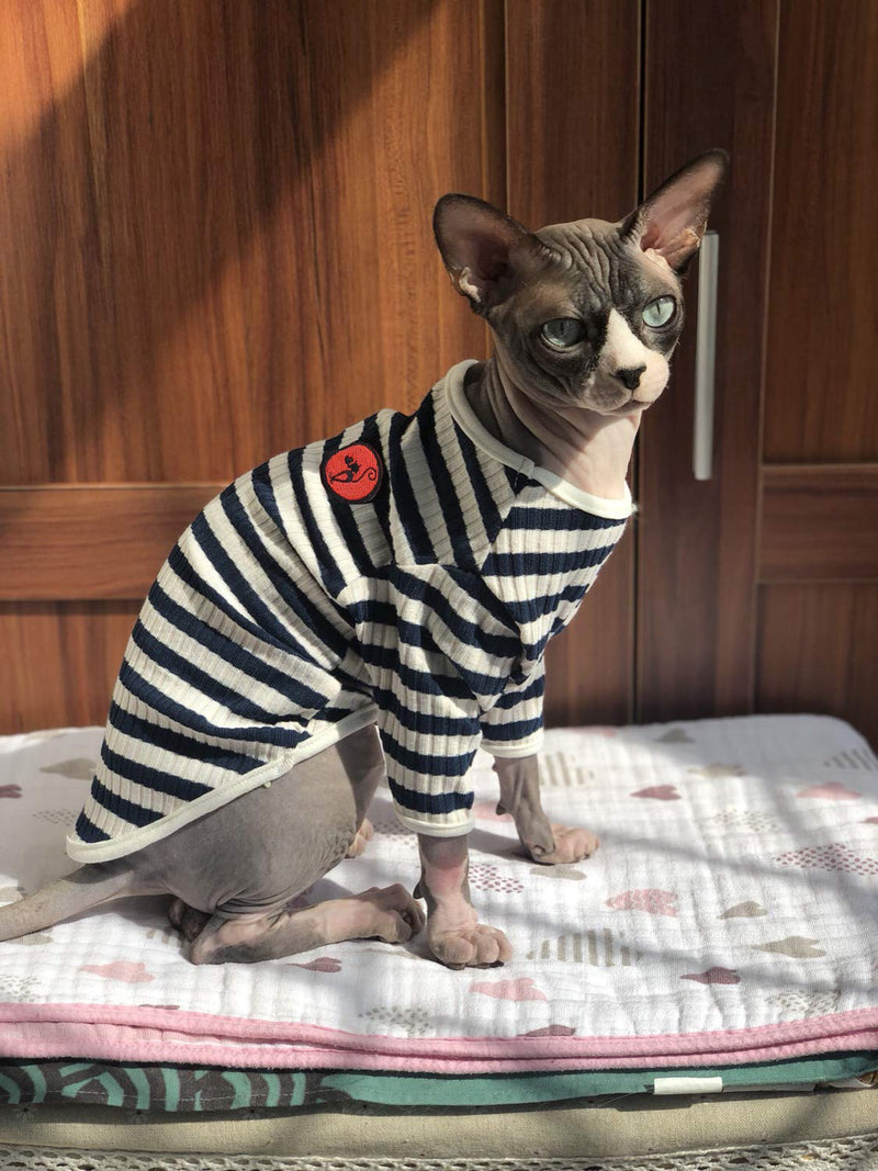 Hairless Cat Cotton Clothes, Sphynx Breathable Summer T-Shirts Stripe Vest Pet Clothes, Soft Stretchable Skin-Friendly Cats Apparel Cat's Pajamas Jumpsuit for Sphynx, Cornish Rex, Devon Rex Peterbald XS(2.2-3.3lb) Blue - PawsPlanet Australia