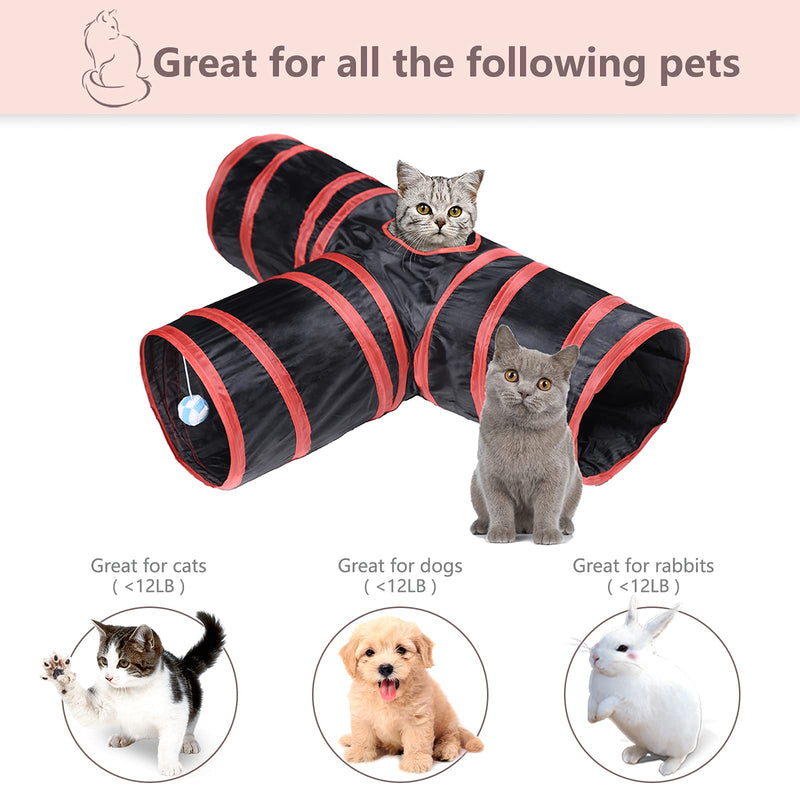 Alicedreamsky Cat Tunnel, Collapsible Tube with 1 Play Ball Kitty Toys, 3 Ways Cat Tunnels for Indoor Cats, Puppy, Kitty, Kitten, Rabbit Black & Red - PawsPlanet Australia