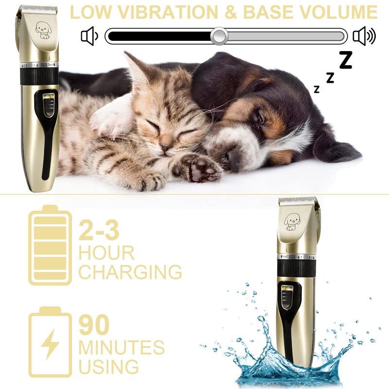 AOUVT Professional Clipper, 13 Piece Pet Grooming Set, Removable, Washable Ceramic Head, Rechargeable Pet Trimmer, Low Noise Pet Trimmer for Cats and Dogs Gold - PawsPlanet Australia