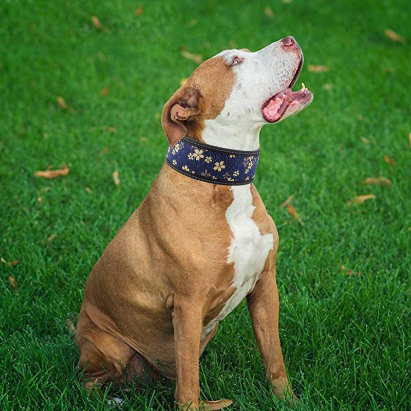 Pet Collar Nylon Adjustable Reflective Buckle Dog Collar Dog Training Collar with Soft Padding for Medium and Large Dogs(Navy Blue+Flowers M) Navy Blue+Flowers M - PawsPlanet Australia