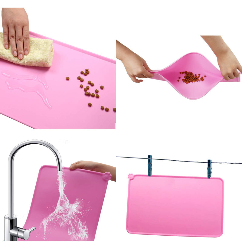 [Australia] - QAZWER Pet Food Mat Silicone Waterproof Dog Feeding Mat Cat Water Bowl Non-Slip Dog Placemat with Raised Edges (18.5" x 12") Pink 