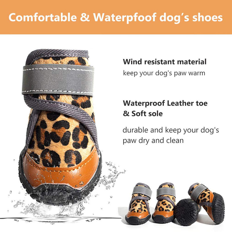 Due Felice Dog Boots Runing Walking Shoes for Medium Large Dogs Small Puppy,Pet Paw Protectors Anti-Slip/Waterproof/Reflective & Adjustable Straps for Snow Hot Pavement Wet Floor 2 Leopard - PawsPlanet Australia