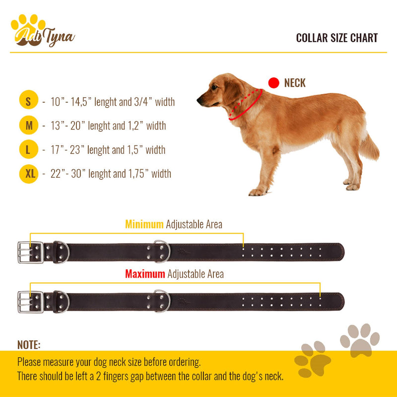 [Australia] - ADITYNA Leather Dog Collar for Small, Medium and Large Dogs - Heavy Duty Wide Dog Collars with Durable Metal Hardware & Double D-Ring - Unique Name Tag Included L: 1,5" width / 17"- 23" length Brown 