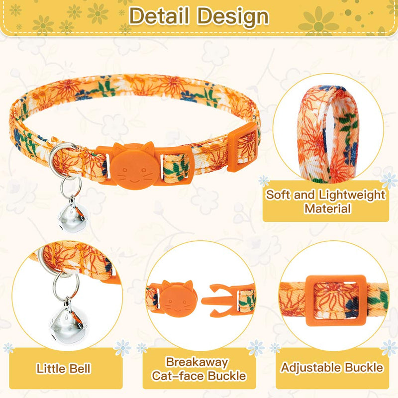 BINGPET Floral Breakaway Cat Collar with Bells, 2 Pack Adjustable Soft Pet Kitten Collars with Adorable Flower Patterns and Detachable Flower Accessories for Cats Kitties Orange - PawsPlanet Australia