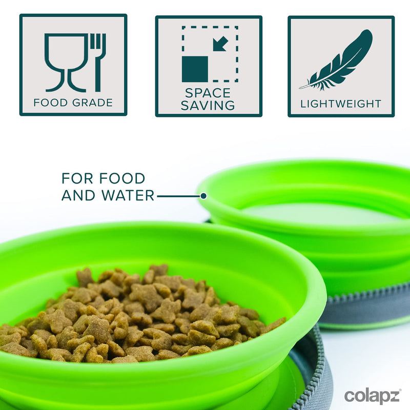Two Collapsible Dog Bowls and Portable Dog Water Bottle Travel Set - Pet and Puppy Travel and Dog Walking Accessories - Foldable Bowl with Water and Food Dispenser - Green - PawsPlanet Australia