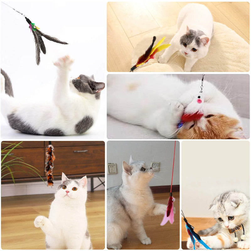 PETTOM Cat Toys Interactive Cat Feather Wand, Kitten Toys 2pcs Retractable Cat Wand Toy & 8pcs Natural Feather Teaser Replacements with Bell, Telescopic for Indoor Kitty Old Cat Exercise - PawsPlanet Australia
