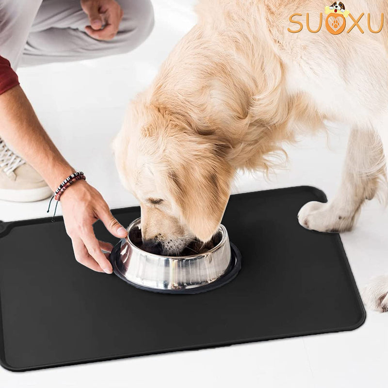 SUOXU Pet Feeding Mat,Waterproof & Non Slip Silicone Bowl Mat,for Dog Feeding Bowl and Water Bowls Pet Food Mat for Medium Small Dogs(47x30 cm) 47x30cm Black - PawsPlanet Australia