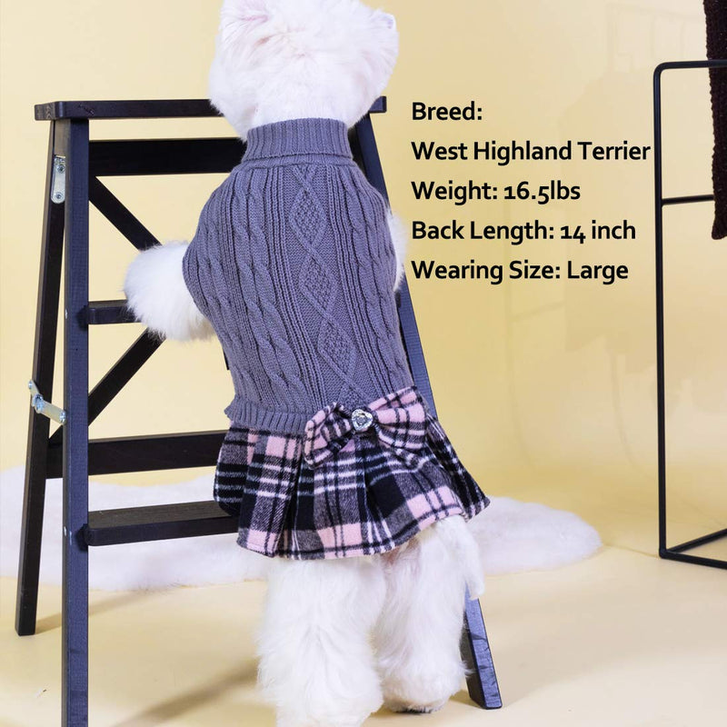 kyeese Dog Sweater Dress Plaid with Bowtie Turtleneck Dog Pullover Knitwear Pet Sweater for Fall Winter X-Small Pink - PawsPlanet Australia