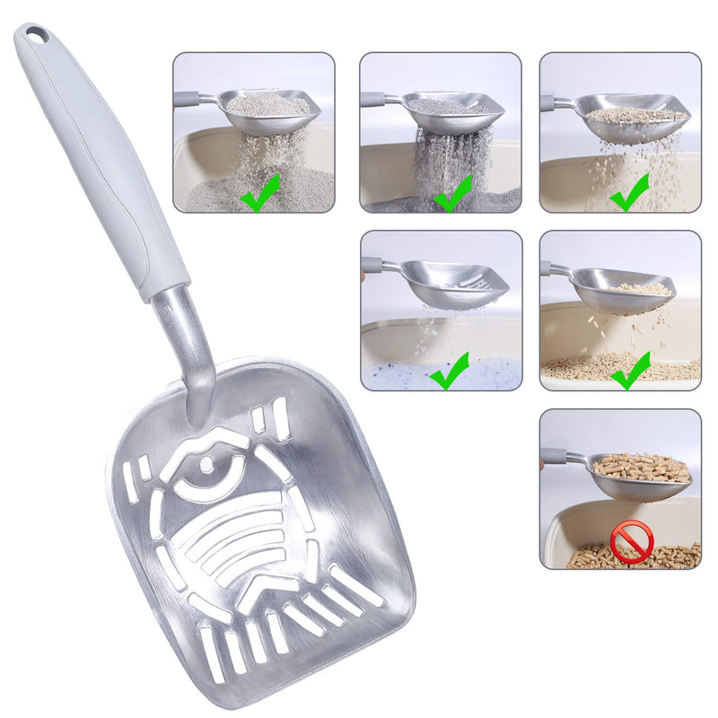 [Australia] - Vivaglory Cat Litter Scoop, Heavy Duty Metal Litter Scoop, Sifter with Deep Shovel and Ergonomic Long Handle, Jumbo Size Grey Fish-shaped Slots--5mm 