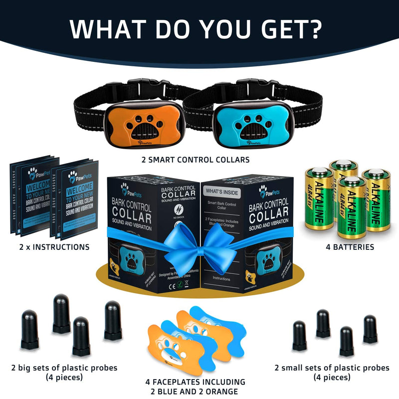 PawPets Rechargeable Anti Bark Collar - No Shock Training Dog Collar - Humane with Vibration and Sound Barking Collar for Small Medium Large Dogs - 2 Pack Battery - PawsPlanet Australia