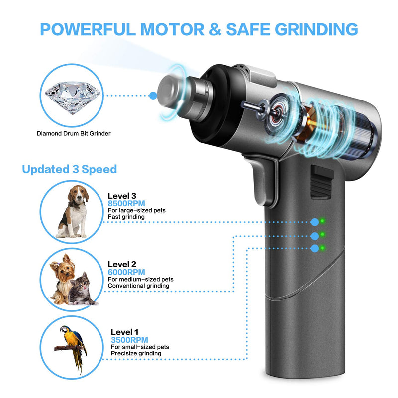 Craftersmark Dog Nail Grinder with LED Light Pet Nail Grinder with Automatic and Manual Design，Low Noise 3 Speed Dog Nail Trimmer for Small Medium Large Dogs & Cats Grey - PawsPlanet Australia