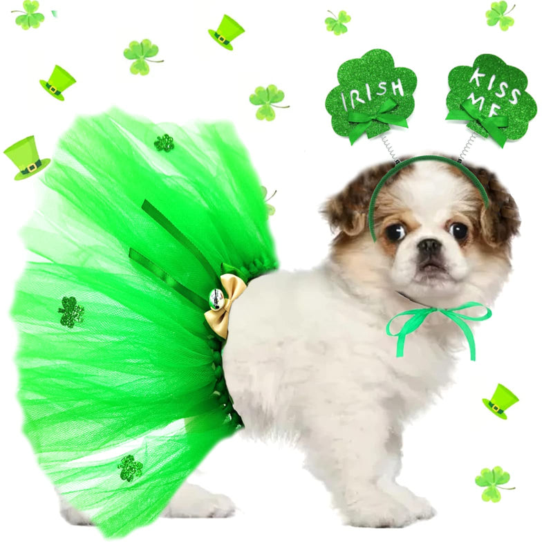 St Patrick's Day Costume 2 Pieces Dog Tulle Tutu Skirt Bowknot Hair Hoop with Shiny Shamrock, Green Irish Lace Dress Cute Headband Holiday Clothes for Medium Large Girl Dogs Cat Parties Decoration Bowtie - PawsPlanet Australia