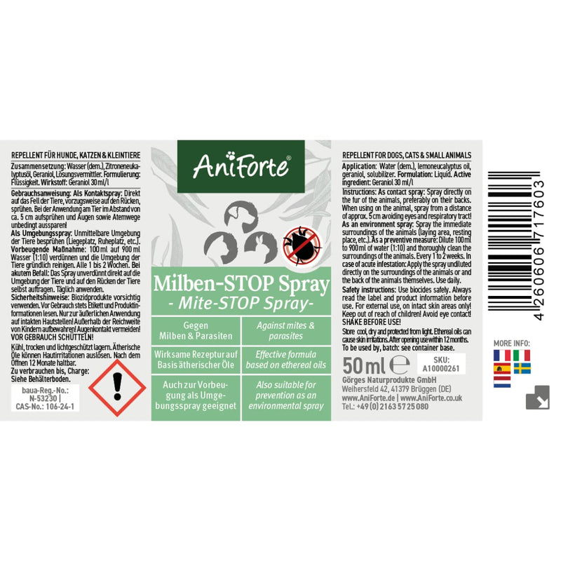 AniForte mite spray for dogs, cats, pets and farm animals 50 ml - anti-mite spray for effective defense against insects, parasites and vermin, mite stop and mite protection against mite infestation - PawsPlanet Australia