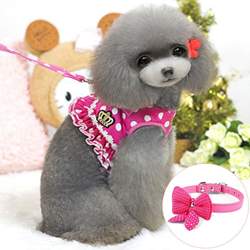 [Australia] - Cute Small Dog Harness, Ladies Polka Dots Dog Vest Harness Set with Pink Leash and Bowknot Collar, 3 in 1 Girl Style Vest Harness Set for Puppy and Cat S 