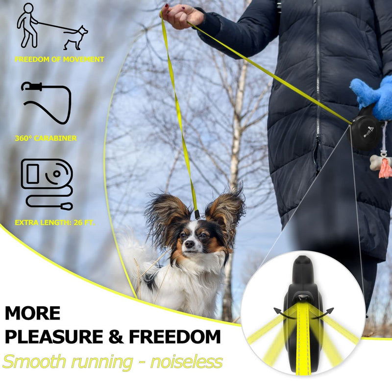 BLUZELLE 8m long dog leash for dogs up to 50kg, flexible retractable leash, neon yellow, bright reflector strap with 360° metal carabiner hook, ergonomic black rubberized handle & retraction brake - PawsPlanet Australia