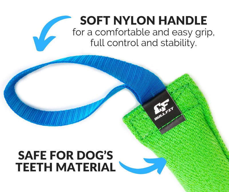 K9 Dog Bite Tug Toy with 2 Strong Handles - Made of Durable & Tear-Resistant French Linen - Perfect for Tug of War, Fetch & Puppy Training - Ideal for Medium to Large Dogs - Firmly Stitched Pull Toy Green Bite Tug with Blue Handles - PawsPlanet Australia