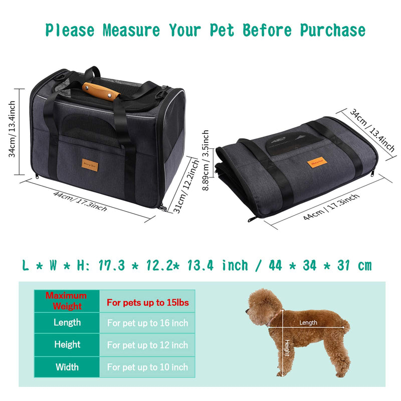 Cat Carrier Dog Carrier, Pet Travel Carrier Airline Approved for Small Dogs Puppies Cats of 15lbs, Portable Pet Transport Bag with Adjustable Shoulder Strap + Removable Soft Cushion + Foldable Bowl - PawsPlanet Australia
