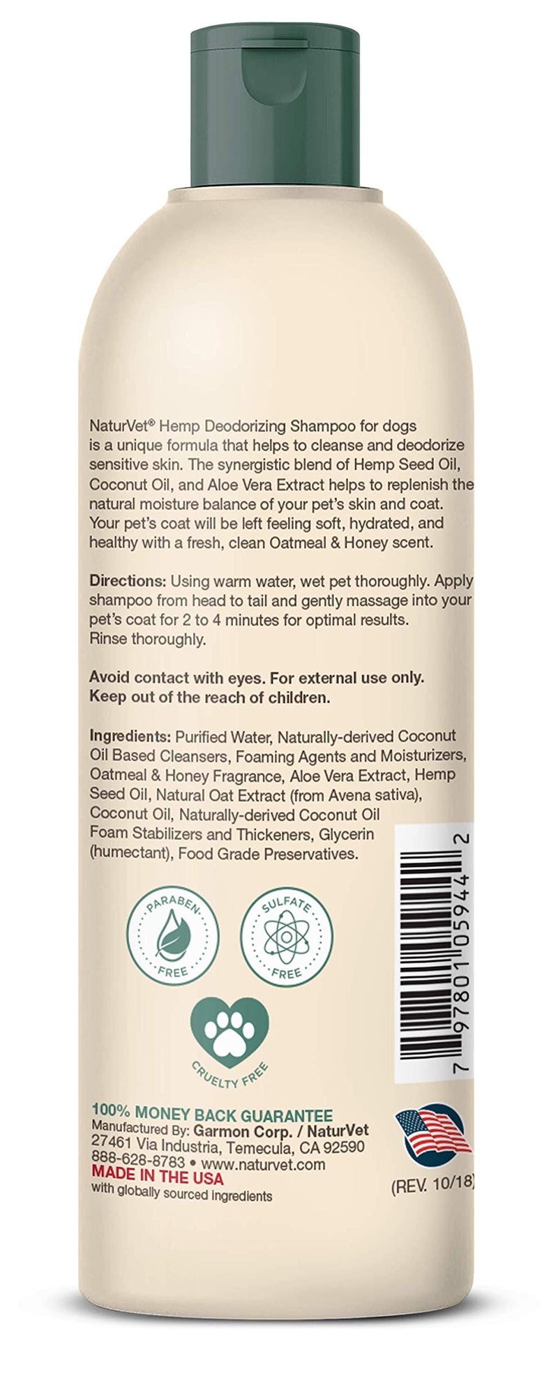 [Australia] - NaturVet – Hemp Deodorizing Shampoo For Dogs - Plus Oatmeal & Honey – 16 oz – Gently Cleanses & Deodorizes Skin & Coat – Enhanced with Hemp Seed Oil, Coconut Oil & Aloe Vera Extract 16 Fl Oz 