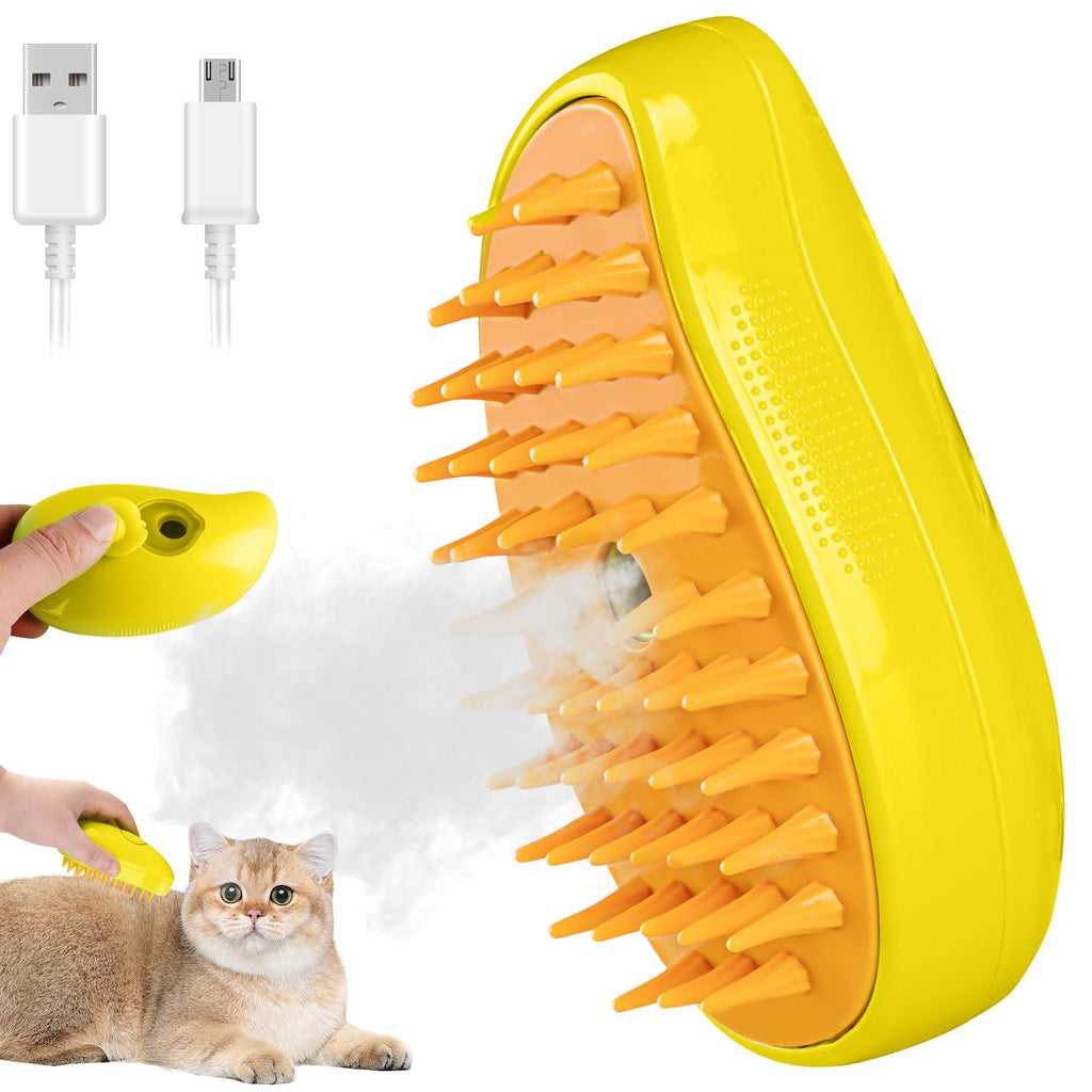 Cat Steam Brush - 3 In1 Steamy Cat Brush, Self-Cleaning Steamy Pet Brush for Massage, Multifunctional Cat Grooming Brush for Removing Tangled and Loose Hair (Yellow) Yellow - PawsPlanet Australia