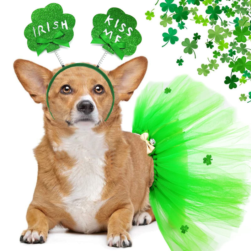 St Patrick's Day Costume 2 Pieces Dog Tulle Tutu Skirt Bowknot Hair Hoop with Shiny Shamrock, Green Irish Lace Dress Cute Headband Holiday Clothes for Medium Large Girl Dogs Cat Parties Decoration Bowtie - PawsPlanet Australia