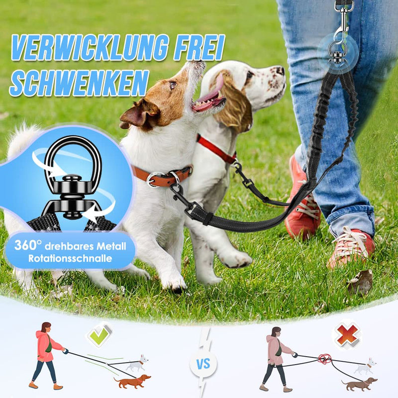 Nasjac Double Dog Leash, Tangle Free 360° Rotating Splitter Double Leash for Two Dogs, Adjustable Shock Absorbing Bungee Reflective Leash for Dogs Small Medium and Large Running Training Small (3-9KG) Black - PawsPlanet Australia