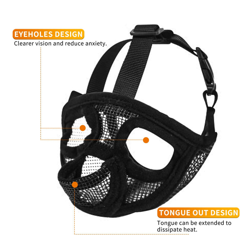 TANDD Short Snout Dog Muzzle - Adjustable Breathable Mesh Bulldog Muzzle for Barking Biting Chewing Training XS Black(Tongue Out) - PawsPlanet Australia
