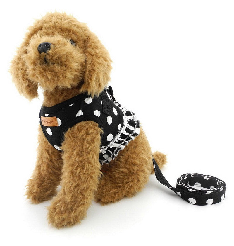 SELMAI Puppy Cat Small Girl Dog Dots Vest Harness Leash Set Mesh Padded No Pull Lead (Size Run Small,Please Check Size Details Carefully Before Purchase) S(Bust: 12.6";for 3-5Lbs) Black - PawsPlanet Australia