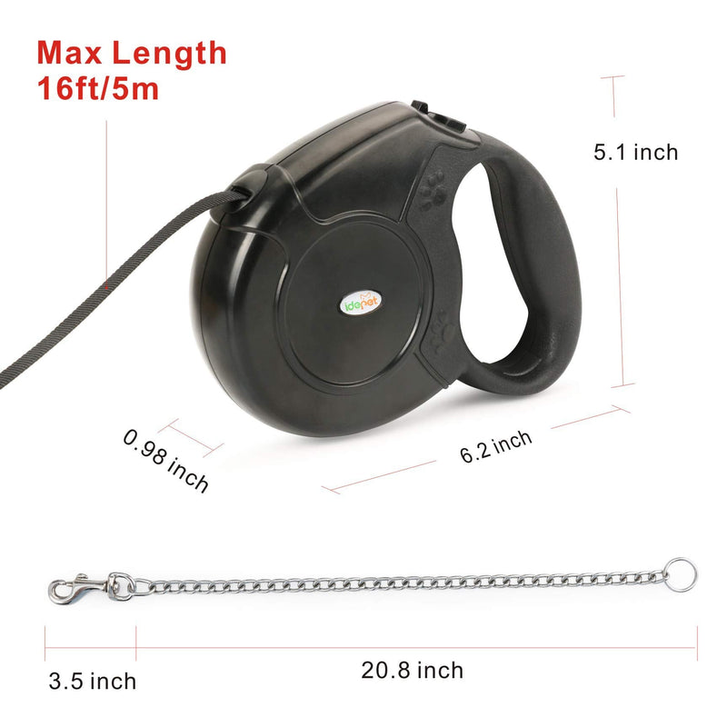 Idepet Retractable Heavy Duty Dog Lead for Small and Medium Dogs, Chain-Serrated Steel Chain Design, 360° Tangle-Free, Break & Lock System, 16 Foot Lead Black - PawsPlanet Australia