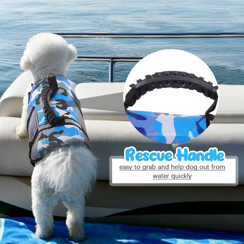 Kuoser Dog Life Jacket, Portable Pet Camouflage Pattern Swimsuit Lifesaver Vest with Rescue Handle for Small Medium Large Dogs, Adjustable Dog Safety Floatation Vest for Boating Kayaking Swimming X-Small Blue - PawsPlanet Australia