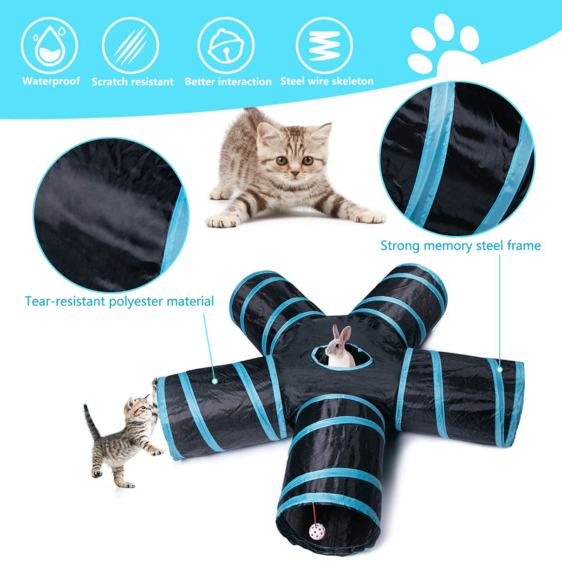 Sheldamy Cat Tunnel, 5-Way Collapsible Cat Tunnel with Peek Hole and Play Ball, Cat Tunnels for Indoor Cats, Puppy, Kitty, Kitten, Rabbit Black & Blue - PawsPlanet Australia