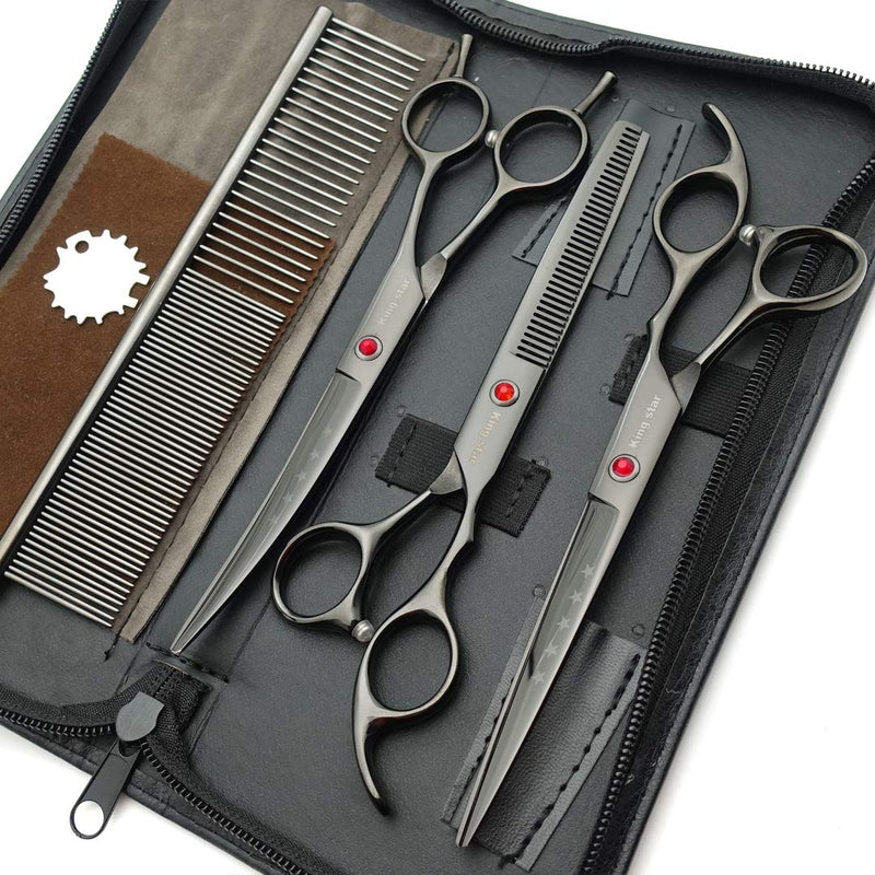 Kingstar Professional Pet Grooming Scissors Set Straight Scissors Thinning Scissors Curved Scissors with Comb case Comb 7 inches 7 inches Titatium-black set - PawsPlanet Australia