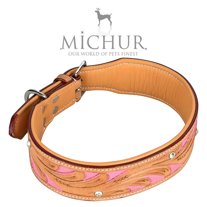 MICHUR Pinklady Dog Collar Leather, Leather Collar Dog, Collar, LEATHER, BEIGE, Caramel, Brown, PINK, WITH PUNCHINGS and Rhinestones Neck circumference 22.05-25.04" - PawsPlanet Australia