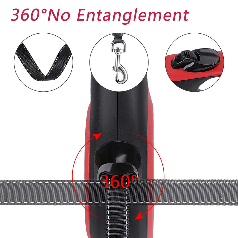 G.C Retractable Dog Lead Extendable Long Heavy Duty Strong Dog Leash for Medium Large Dogs, 5m/16ft Strong Reflective Nylon Tape, 360°Tangle-Free, One-Handed Brake Pause Lock Red - PawsPlanet Australia