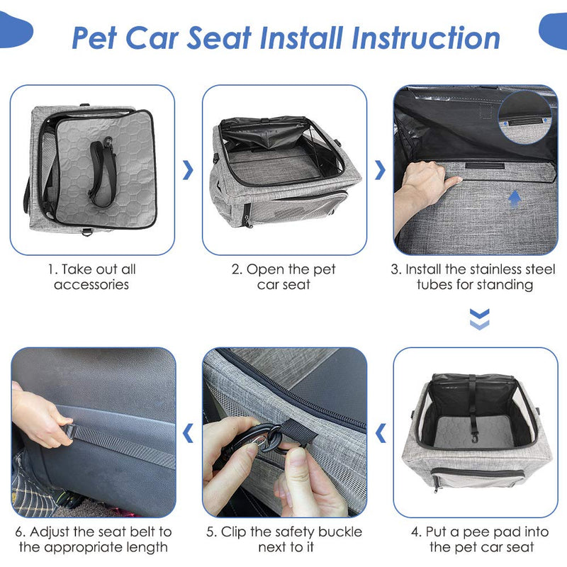 Nasjac Dog Car Seat, Dog Car Booster Seat with Safety Seatbelt and Breathable Mesh Pee Pad Clip on Safety Leash, Waterproof Collapsible Dog Car Cage for Small Medium Dogs Grey - PawsPlanet Australia