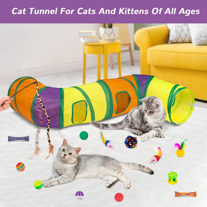 Retro Shaw Cat Toys Set, Interactive Cat Kitten Toys for Indoor Cats Kitty with Collapsible L Shape Cat Play Tunnel Tube Tent Cat Feather Wand Teaser Cat Bell Fuzzy Ball Springs Mouse Toys - PawsPlanet Australia