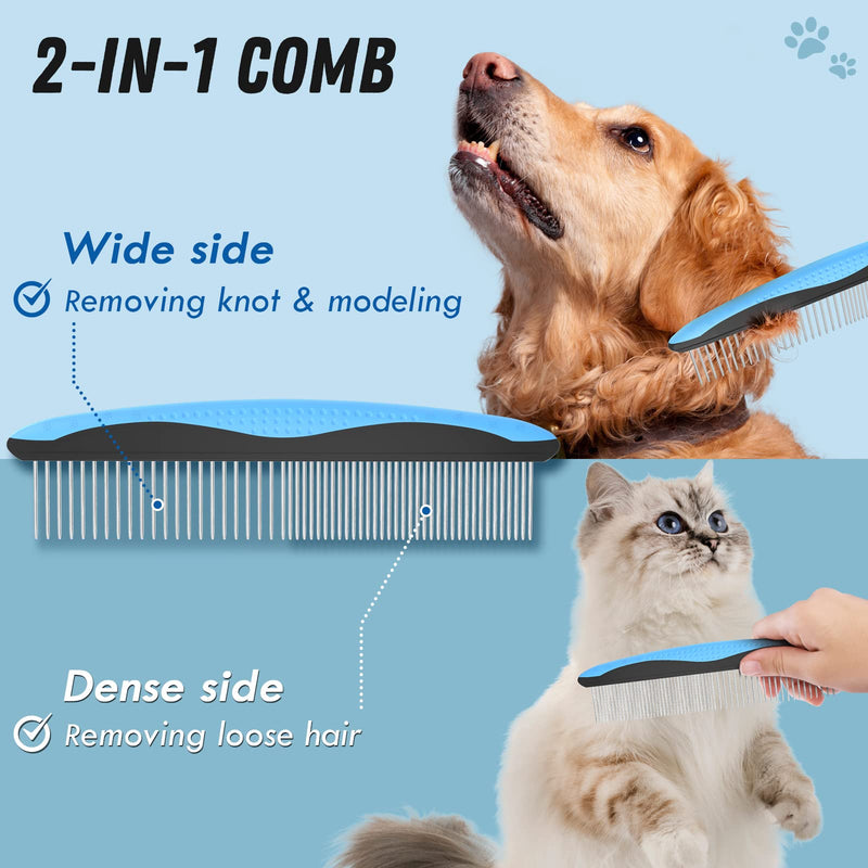 Dog Grooming Brush and Metal Comb, Undercoat Rake for Dogs Grooming Supplies Dematting Deshedding Brush for Shedding, Cat Brush Deshedder Brush Dogs Shedding Tool for Long matted Haired Pets, Blue - PawsPlanet Australia