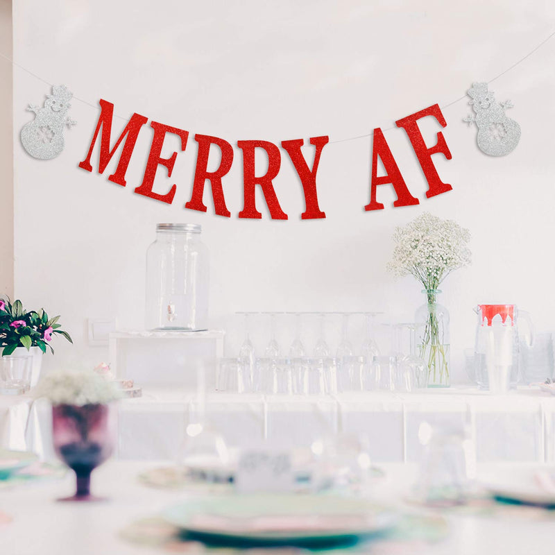 Red Glitter Merry AF Banner - Christmas Holiday New Years Eve Bunting Garlands, Xmas Mantel Home Indoor Party Decorations Supplies - PawsPlanet Australia