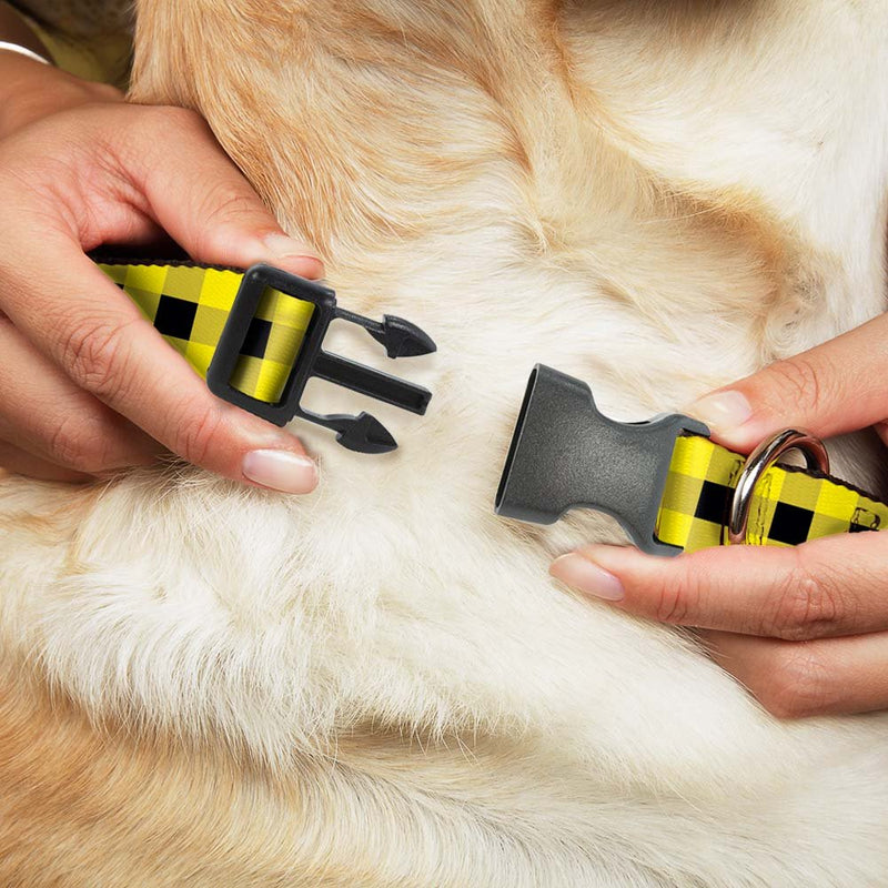 [Australia] - Buckle-Down Plastic Clip Collar - Buffalo Plaid Black/Neon Yellow - 1" Wide - Fits 15-26" Neck - Large 