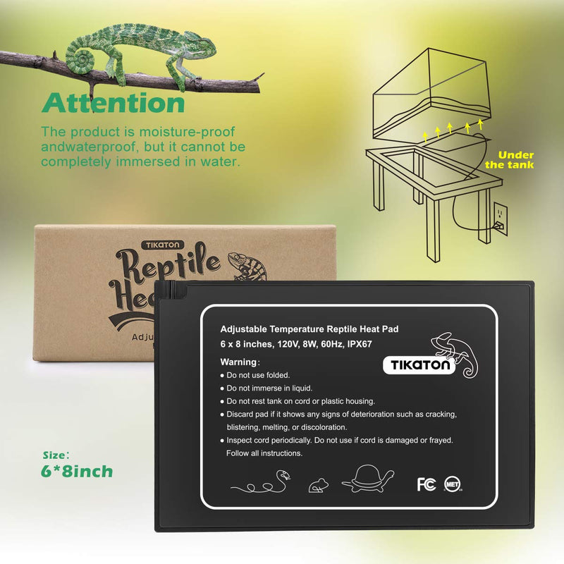 Tikaton Reptile Heat Pad - Adjustable Temperature Under Tank Heater for 10-20gal/30-40gal Tank, Terrarium Heat Mat for Turtle/Snake/Lizard/Frog/Spider/Plant Box 1 Pack-6" X 8" - PawsPlanet Australia
